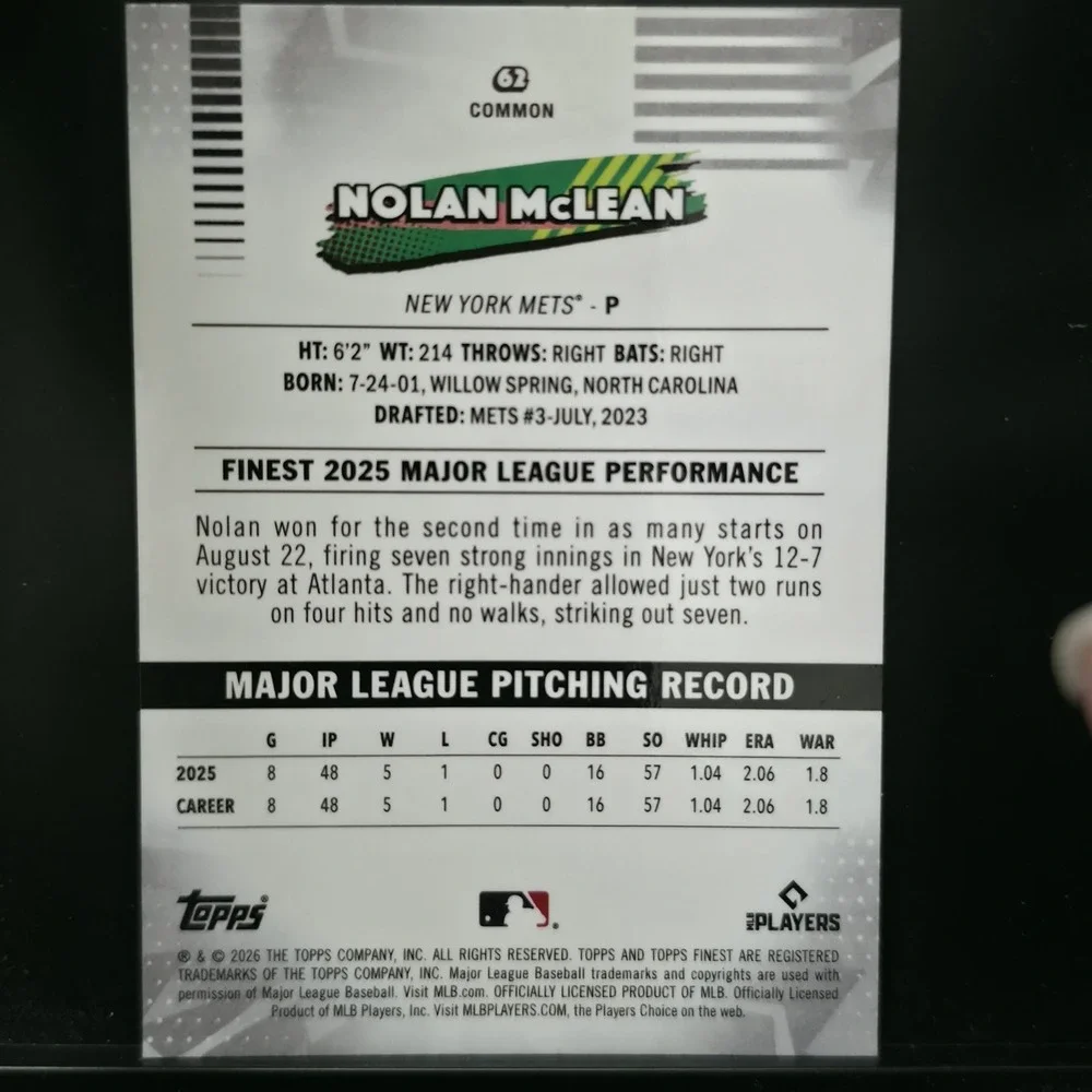 2026 Topps Finest Rare Nolan McLean #240 RC , Common Mini Diamond #62